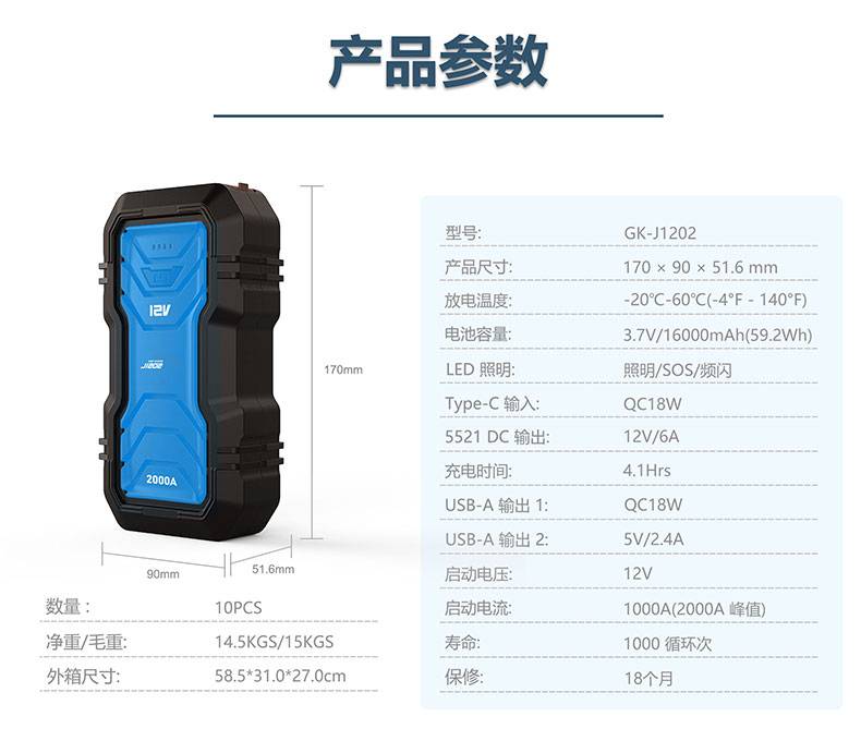 汽车应急启动电源-格睿铠铂GK-J1202,12v/2000A 搭电宝  第2张